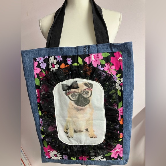 Handmade Upcycled Women’s Tote/Shoulder Bag, Denim, Chic Pup - Picture 1 of 5